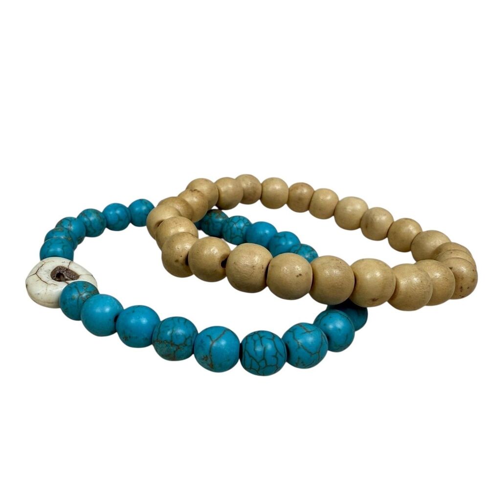 Boho Turquoise Wood Beaded Stretch Bracelet Set Stacking Beach Jewelry